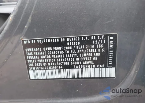 2012 Volkswagen Jetta 2.0L S из США, поврежденный, VIN 3VW1K7AJ2CM358164